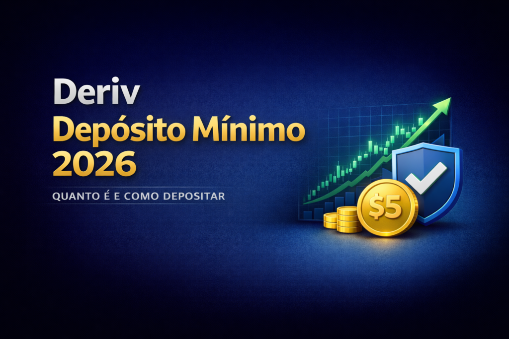 Imagem de destaque do guia deriv depósito mínimo quanto é em 2026. Fundo azul escuro com moeda de ouro de $5, gráfico de tendência e escudo de segurança.