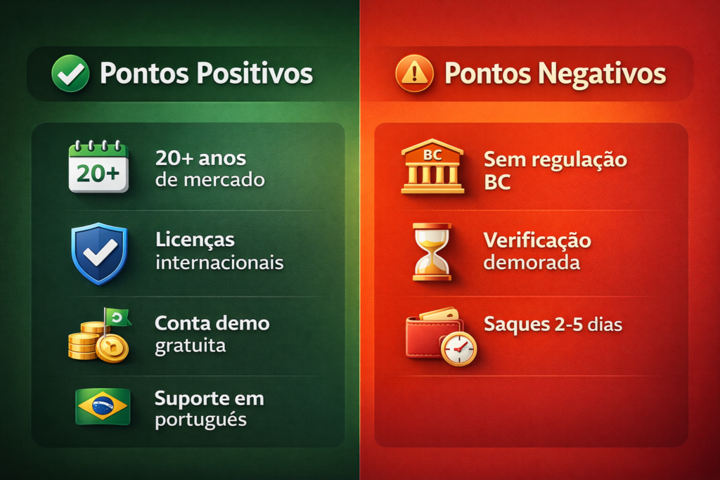 Comparativo visual dos pontos positivos e negativos da Deriv para traders brasileiros. Lado verde mostra vantagens como 20 anos de mercado e licenças, lado laranja mostra desvantagens como falta de regulação BC e prazos de saque.